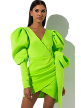 Load image into Gallery viewer, Lime Green Mini Bodycon Dress Women Clothes 2019 Dresses Woman Party Night Puffy Sleeves Neon Black Red White