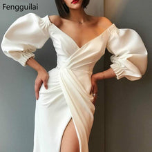 Load image into Gallery viewer, White Sexy Puff Sleeve V-neck Irregular Dress Women Fashion Long Dresses High Quality Steetwear High Waist Asymmetric Dress