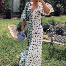 Load image into Gallery viewer, Women elegant print patchwork maxi dress deep V neck short puff sleeve casual long dresses chic vestidos