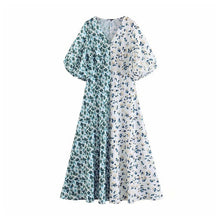 Load image into Gallery viewer, Women elegant print patchwork maxi dress deep V neck short puff sleeve casual long dresses chic vestidos