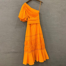 Load image into Gallery viewer, [LIVIVIO] Casual Solid Women Dress One Shoulder Puff Sleeve High Waist Sashes Hollow Out Midi Dresses Female Fashion Summer