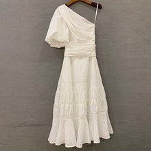 Load image into Gallery viewer, [LIVIVIO] Casual Solid Women Dress One Shoulder Puff Sleeve High Waist Sashes Hollow Out Midi Dresses Female Fashion Summer