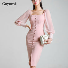 Load image into Gallery viewer, Temperament office dress square collar single-breasted chiffon stitching long-sleeved bag hip slim dress 2019 spring party dress